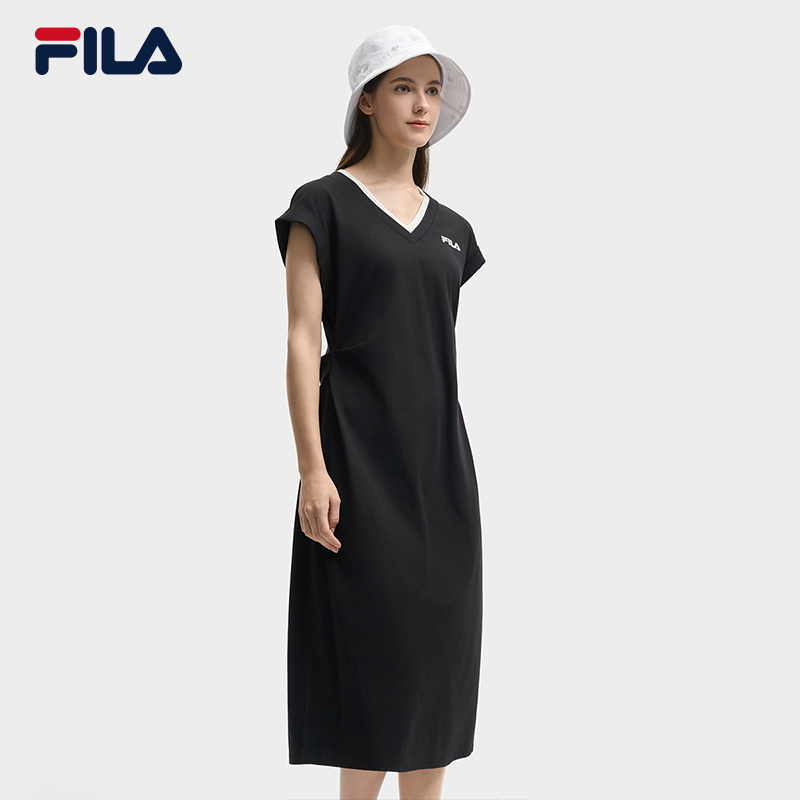 FILA 斐乐官方女子针织连衣裙2025夏新款时尚休闲基础凉感V领裙子