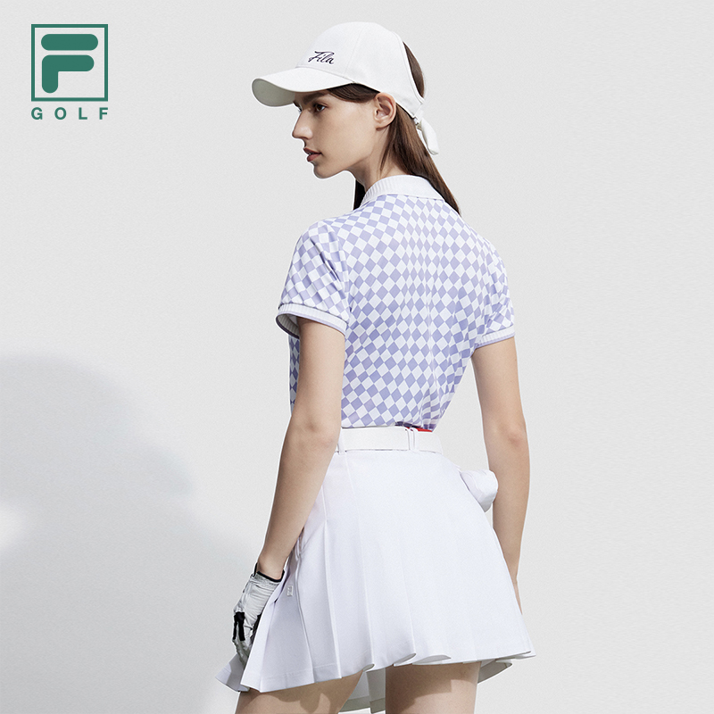 FILA 斐乐官方女士针织短袖POLO衫2023冬格纹高尔夫运动上衣 - 图0