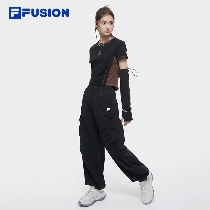 FILA FUSION斐乐潮牌女子针织短袖衫2024夏季新款拼色短款辣妹T恤,淘宝优惠券,粉丝福利购,淘宝优惠卷