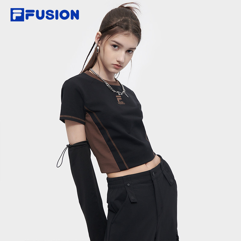 FILA FUSION斐乐潮牌女子针织短袖衫2024夏季新款拼色短款辣妹T恤,淘宝优惠券,粉丝福利购,淘宝优惠卷