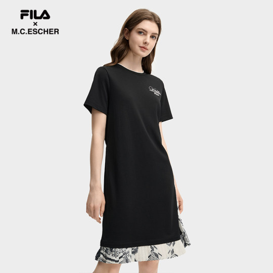 FILA official women's knitted dress 2025 autumn new fashionable casual comfortable splicing T-shirt skirt