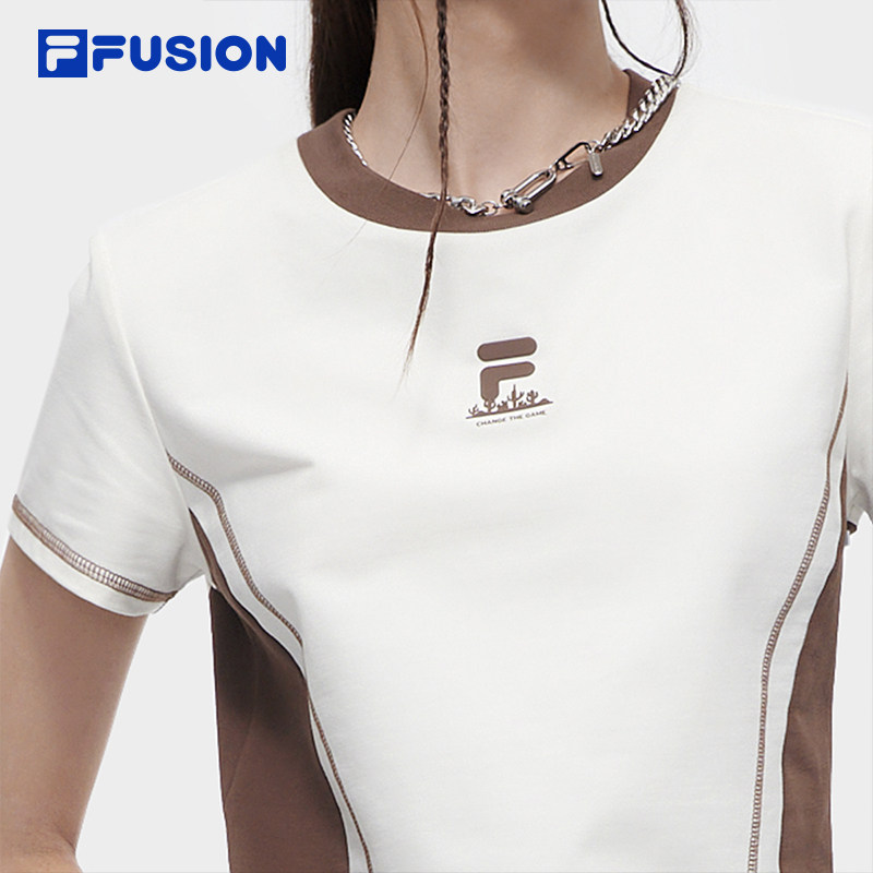 FILA FUSION斐乐潮牌女子针织短袖衫2024夏季新款拼色短款辣妹T恤,淘宝优惠券,粉丝福利购,淘宝优惠卷