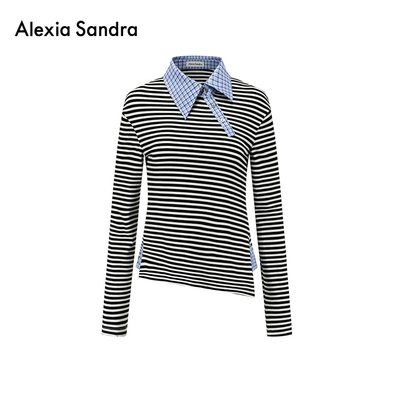 侯佩岑同款-Alexia Sandra春夏新款条纹解构撞格领修身休闲长袖