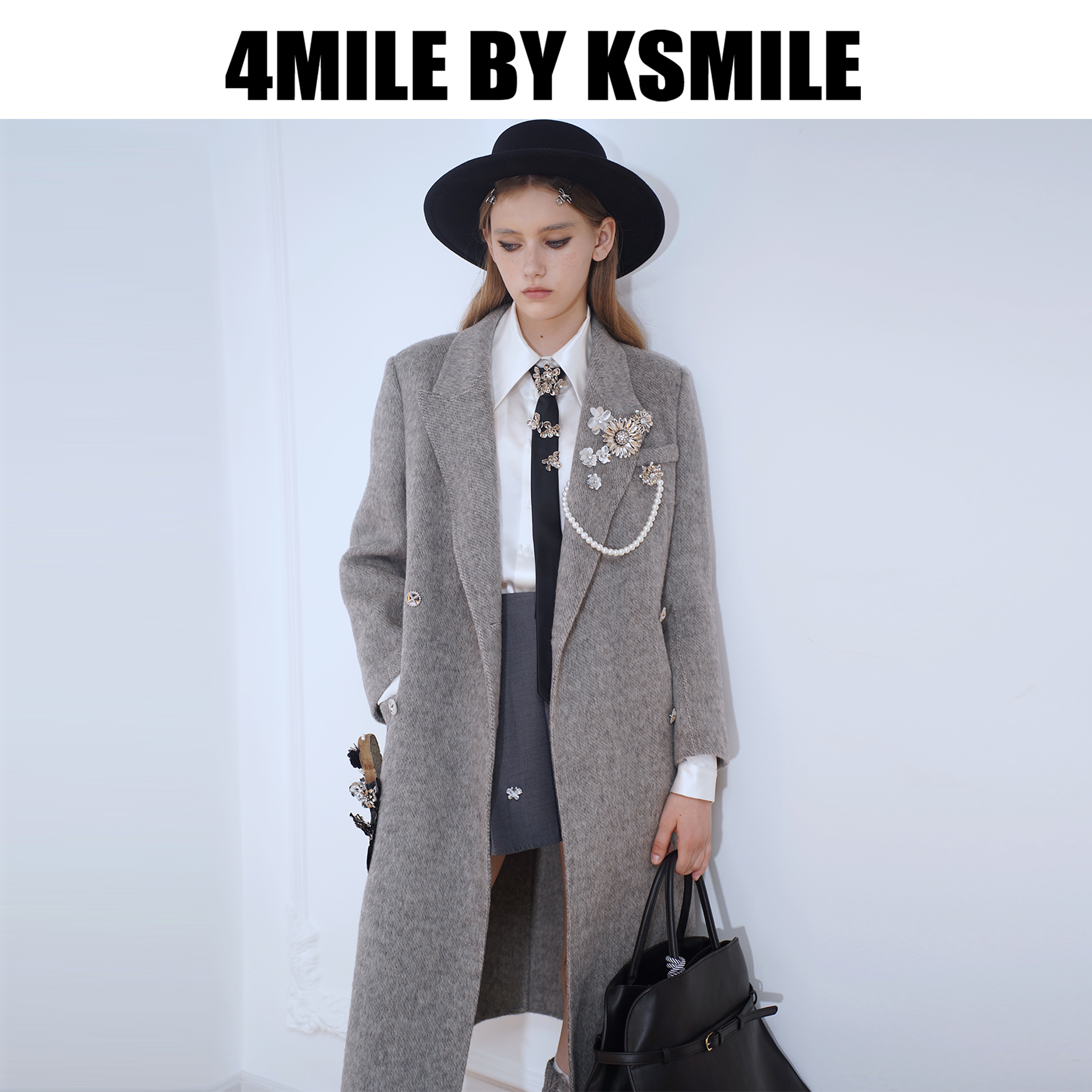 【双旦礼遇季】4MILE BY KSMILE 秋冬英伦风金属花羊驼毛西装大衣 - 图2