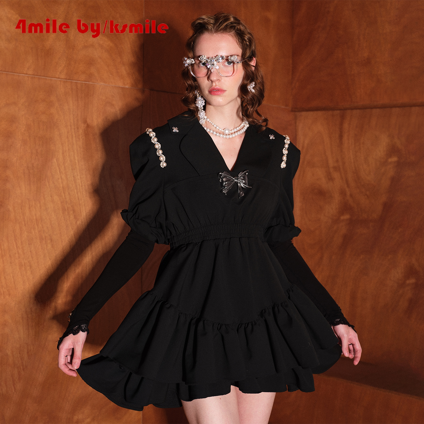 【双12抢先购】4MILE BY KSMILE 黑色肩链v领高腰显瘦复古连衣裙