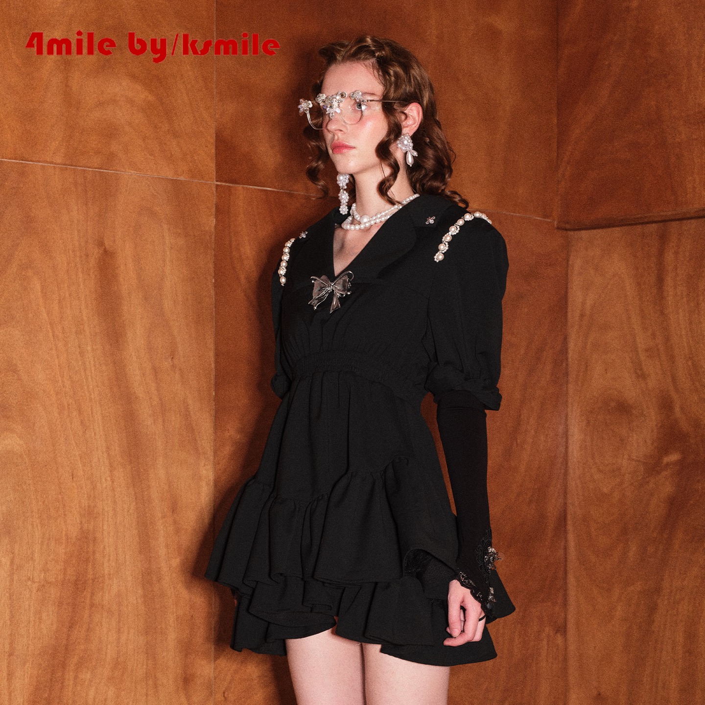 【双12抢先购】4MILE BY KSMILE 黑色肩链v领高腰显瘦复古连衣裙