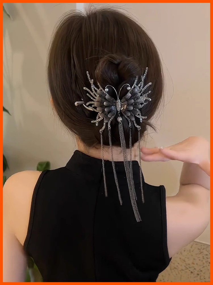 黑色蝴蝶流苏扭扭夹高级感后脑勺盘发一字青蛙扣夹丸子头发卡发饰