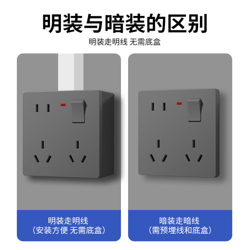 明装86型三孔16a一开八孔10A多孔厨房空调墙壁明线插座面板带开关 - 图3