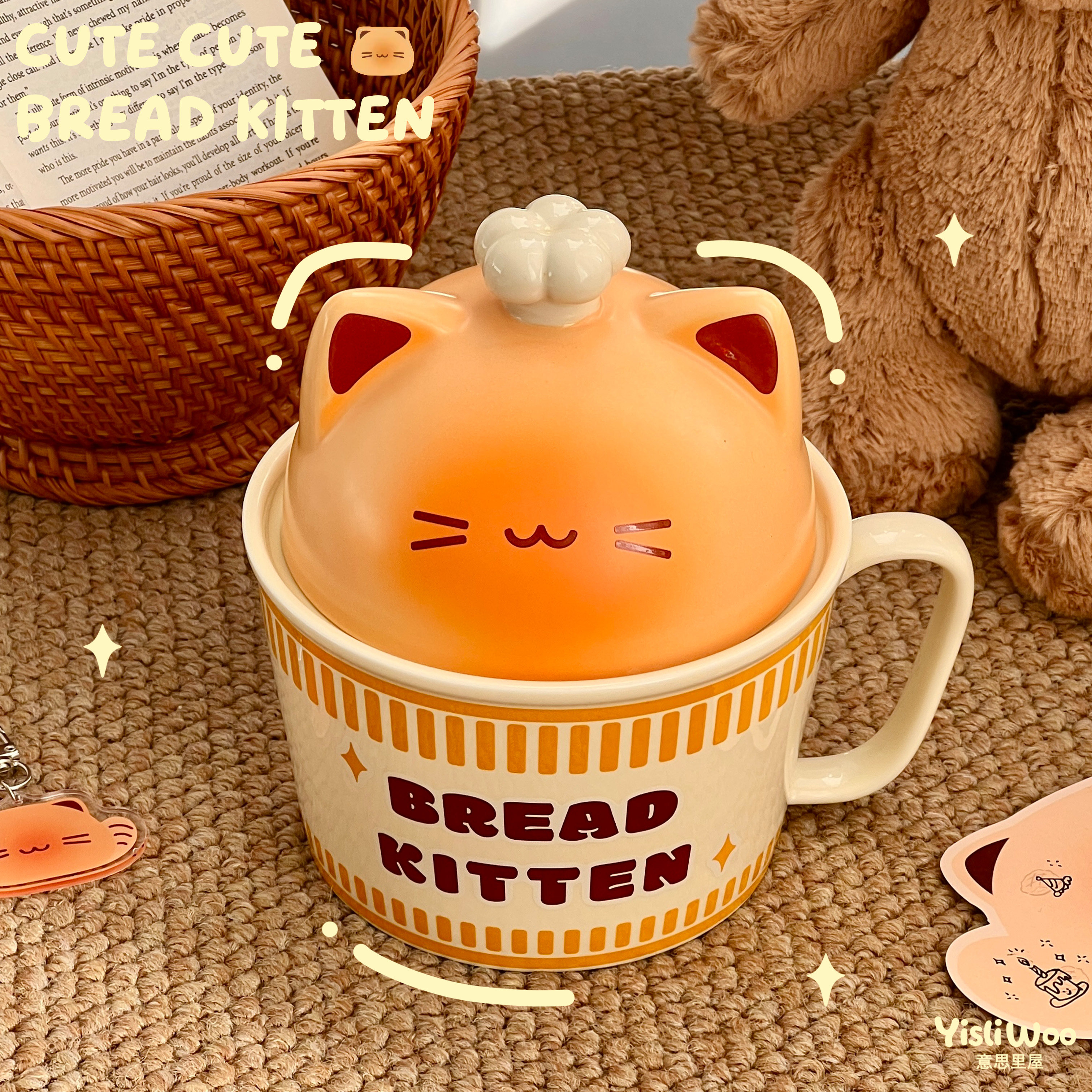 厨师小猫泡面碗带盖手柄陶瓷餐具大容量方便面螺蛳粉面碗宿舍学生