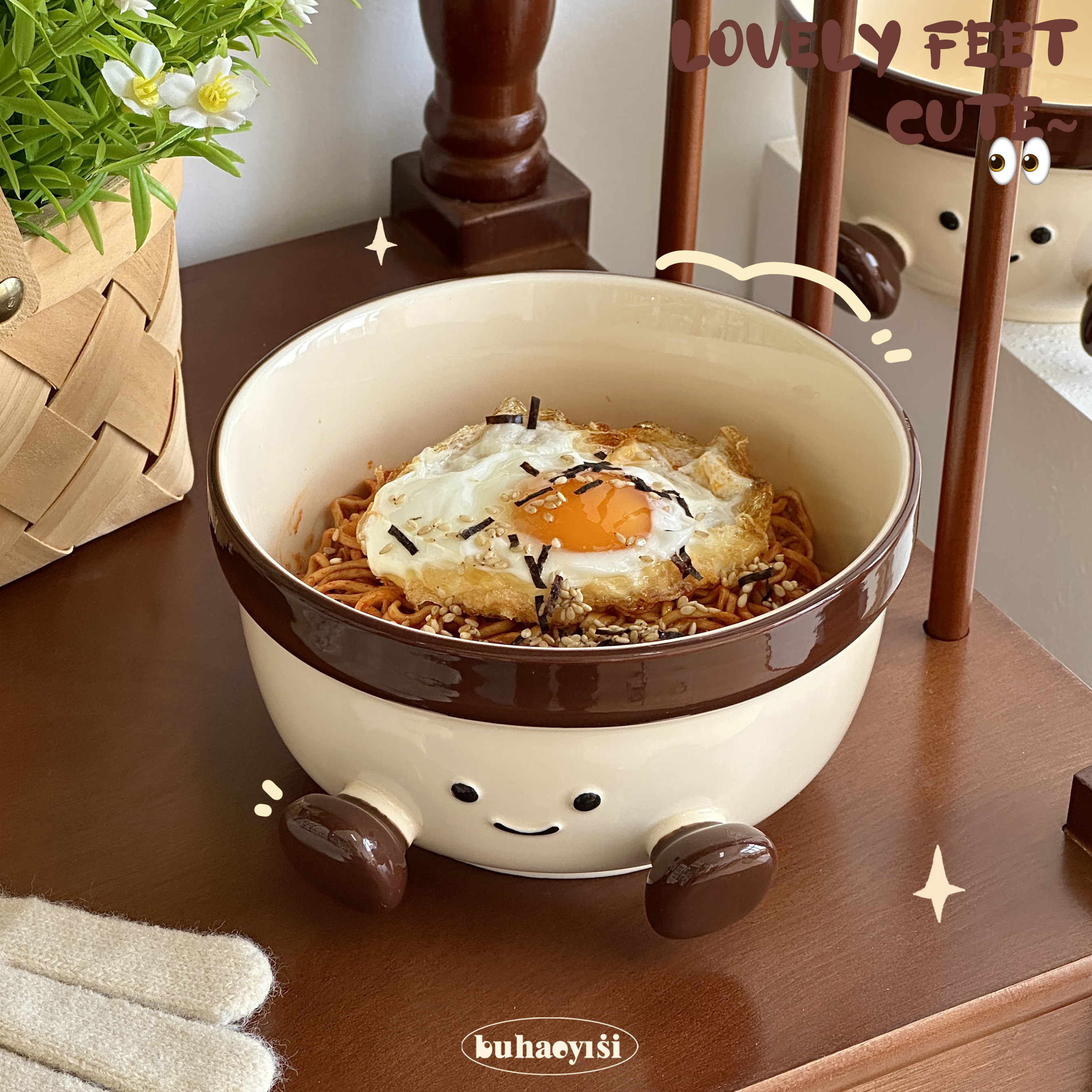 可爱胖脚丫陶瓷泡面碗高颜值釉下彩家用学生宿舍方便面碗大容量,淘宝优惠券,粉丝福利购,淘宝优惠卷