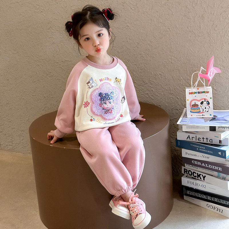 全棉纯棉女童卫衣套装春秋2025新款儿童哪吒亮片服装女宝宝秋装运,淘宝优惠券,粉丝福利购,淘宝优惠卷