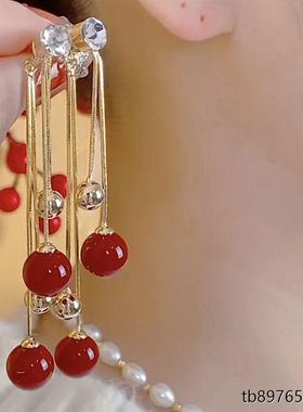 铜镀金合成锆石耳饰红色唯美两色珠珠流苏耳坠不对称新2026耳饰