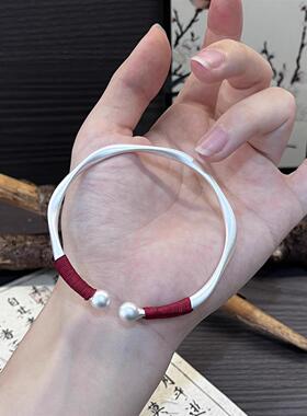 ESEELMI 环银手镯女9999足银实心开口国风清纯银色纯银镯子年轻款