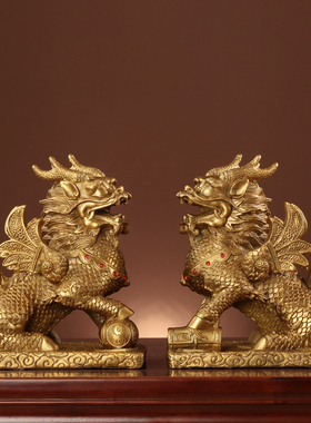 铜麒麟摆件一对纯铜家用财富书卷踩八卦麒麟书房办公室客厅装饰品