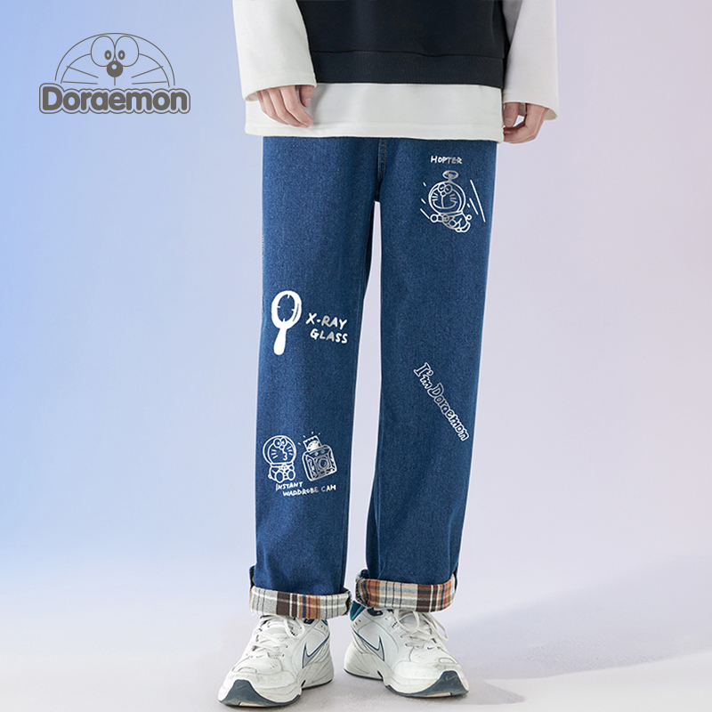 DORAEMON/哆啦A梦牛仔裤男秋冬季2024新款宽松直筒抽绳休闲长裤潮