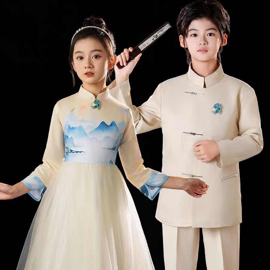 元旦儿童合唱服中小学生朗诵演出服中国风歌咏比赛舞台主持礼服女 - 图1