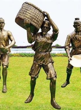 农耕民俗文化雕塑古代人物劳动丰收割水稻耕地牛拉犁模型景观摆件