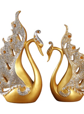 现代简约高档镶钻情侣天鹅树脂摆件客厅软装玄关创意家居婚房饰品