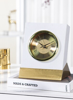 轻奢高档天然大理石金属时钟摆件创意家居酒店客厅卧室钟表饰品