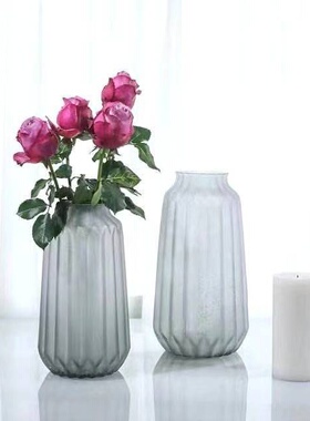 HJM-北欧简约复古简约竖条纹玻璃花瓶磨砂反碱家居摆件客厅样板房