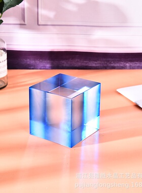 简约风格水晶软装摆件蓝色渐变方体玄关门客厅家居烤色蓝立方摆件