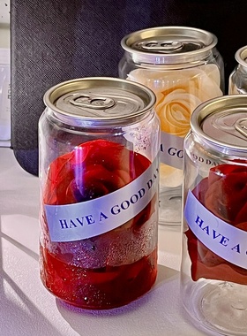 冰封玫瑰花朵透明易拉罐桌面装饰摆件仪式感礼品纪念日装饰品束