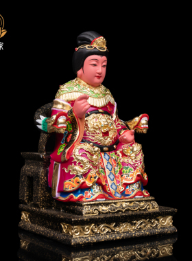 香樟木雕注生娘娘神像送子娘娘临水夫人彩绘正金供奉台湾精品摆件