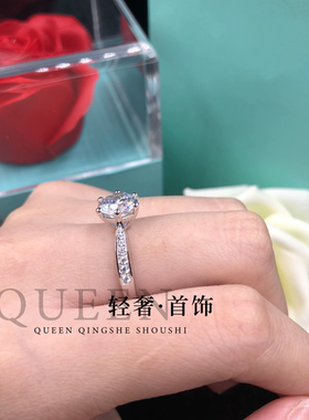 PT950铂金进口D色莫桑石经典六爪钻戒18K玫瑰金微镶结求婚指环女