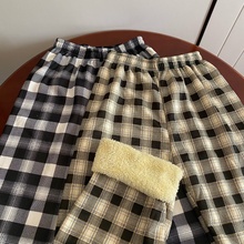 拍2件！加厚羊羔绒格子直筒阔腿裤