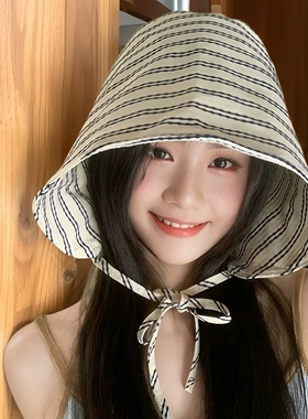 条纹系带渔夫帽女2026新款
