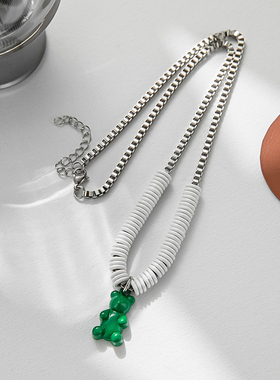 一页出品！韩版甜酷绿色小熊项链女嘻哈小众设计男潮锁骨链毛衣链