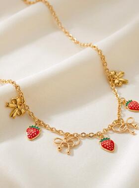 【跨境】2026春款甜美蝴蝶结红草莓项链女 Y2K甜酷辣妹锁骨链