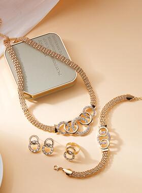 欧美跨境轻奢精致高级感镶钻交叉圆环项链首饰套装 时尚派对