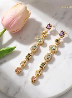 欧美跨境新款精致镶锆几何流苏金属钛钢项链 轻奢高级感闪钻耳环