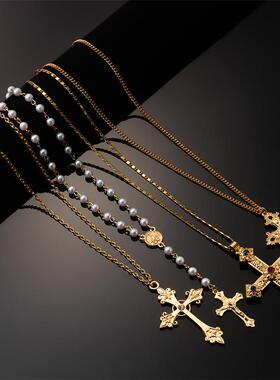 欧美跨境珍珠十字架多层项链套装复古巴洛克镶钻潮流叠戴项饰