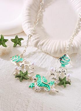 欧美跨境新款海洋风海星贝壳珊瑚项链耳环套装沙滩度假风海星耳环