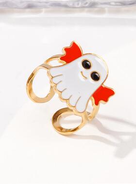 跨境爆款万圣节元素戒指创意设计感南瓜幽灵骷髅头不锈钢开口指环