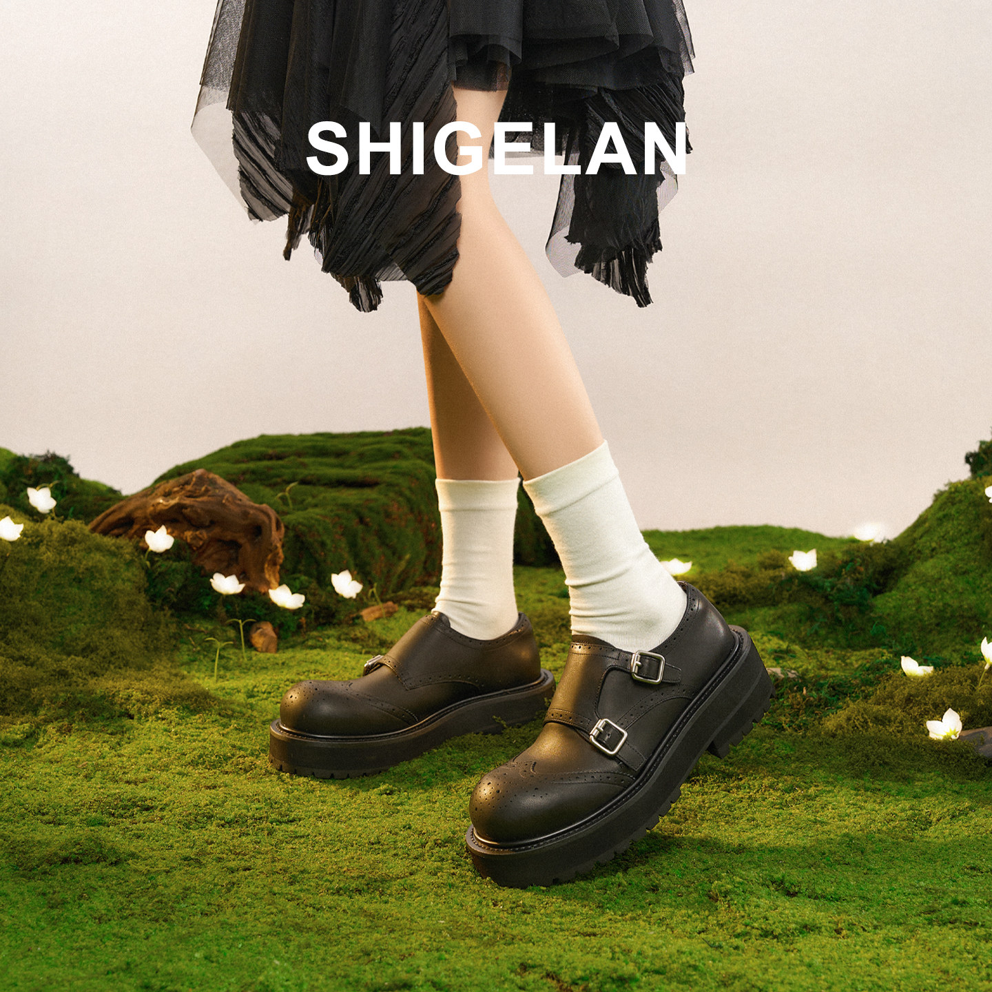 诗歌兰2026春季新款英伦风真皮双扣带女鞋厚底乐福鞋复古雕花单鞋,淘宝优惠券,粉丝福利购,淘宝优惠卷