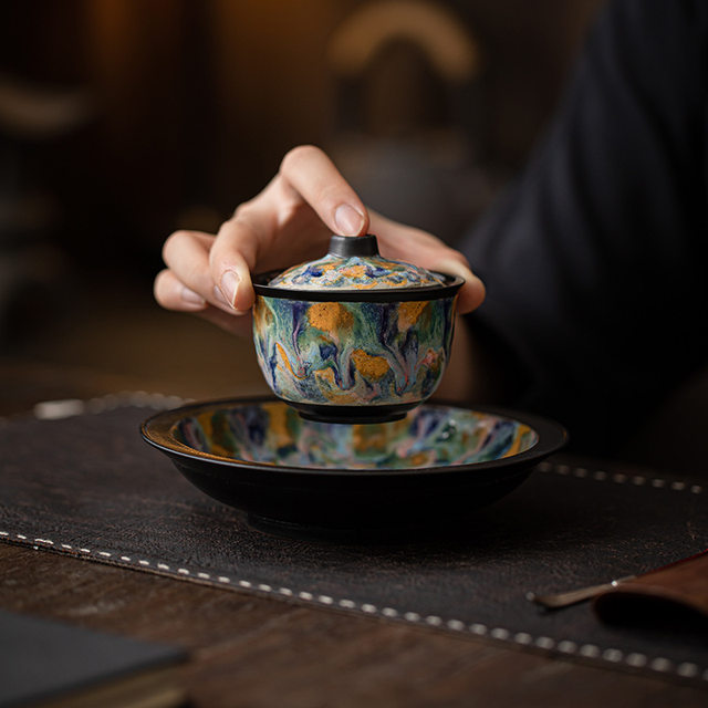 Master's hand-painted Dunhuang wood-burning Tianmu glaze Kung Fu Sancai bowl single high-end ceramic tea bowl with lid tea set