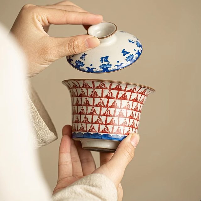 Ruyao Thousand Buddha wide mouth non-hot Sancai covered bowl tea cup single high-end covered tea bowl Kung Fu tea set