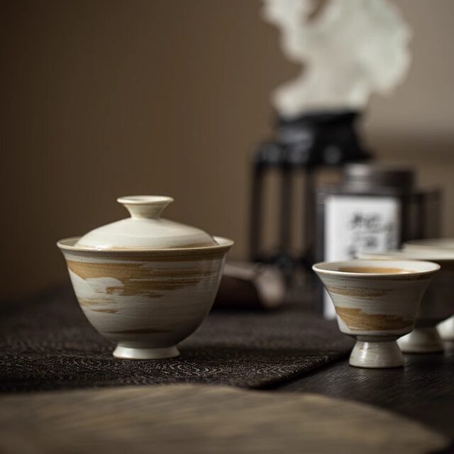 Wabi-sabi style handmade ceramic covered bowl teapot teacup single cup personal special tea brewing kung fu tea set