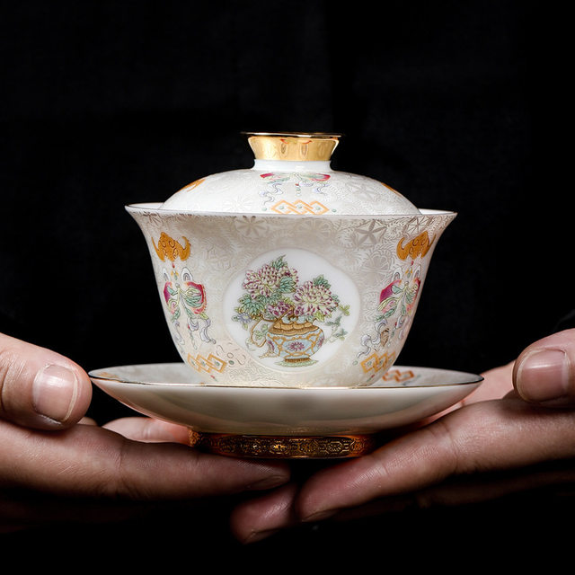 Palace-style hand-painted gold enamel high-end large three-cai bowl Kung Fu tea set for home tea making single ceramic