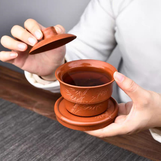 All pure handmade purple clay high-end three-cai bowl teacup single high-end tea bowl with lid and non-hot Kung Fu tea set