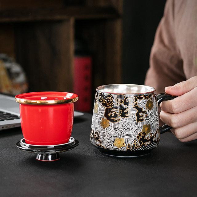 999 sterling silver ceramic gilt gold and silver office tea cup tea water separation high-end personal tea cup