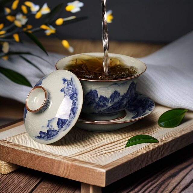 Jingdezhen blue and white hand-painted Qianli Jiangshan ceramic cover bowl set handmade Sancai tea bowl tea cup single anti-scalding