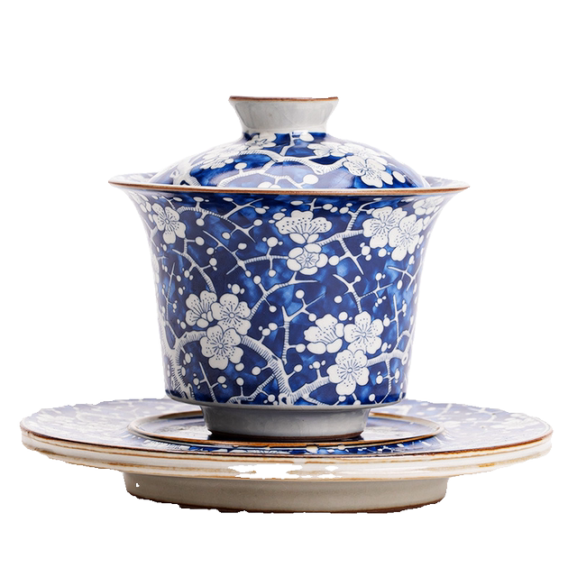 Ru kiln blue and white ice plum horseshoe three-cai bowl, non-hot, single high-end ceramic tea cup, kung fu tea set, large tea bowl