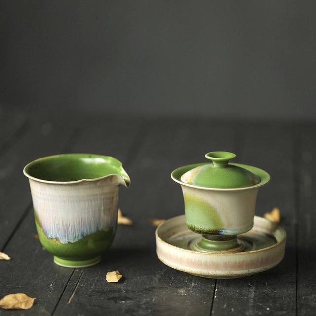 Jingdezhen kiln soda-fired Qingshan Dai tea set pure handmade ceramic tea cup Jingdezhen high temperature color glaze tea