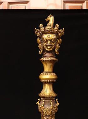 纯黄铜秽迹金刚降魔杵摆件家用带底座三面普巴金刚杵马头金刚橛铜