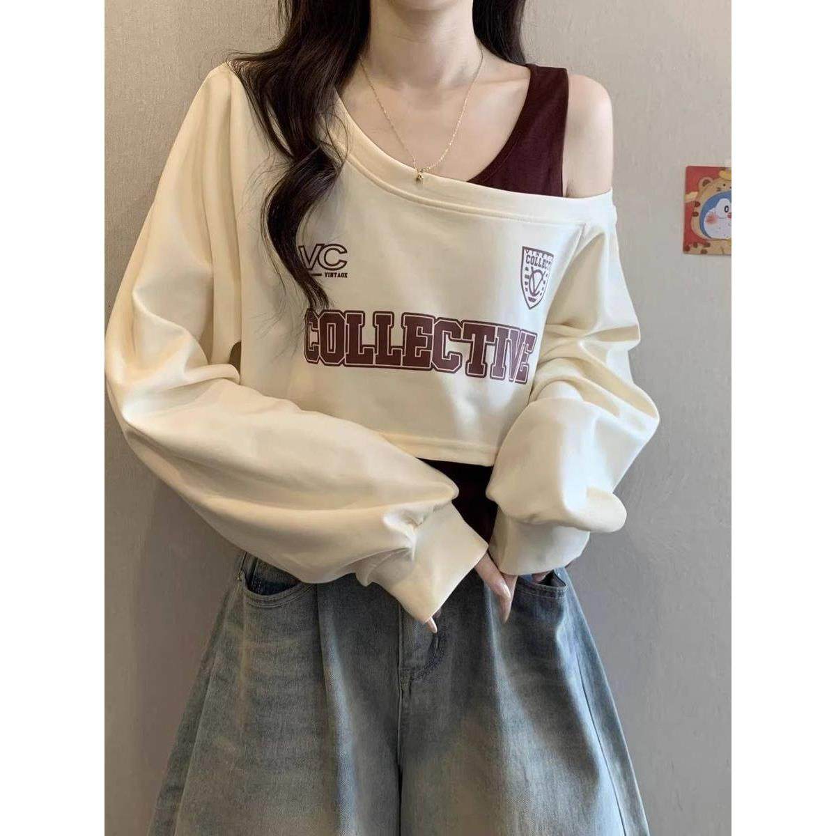 新品短款斜肩长袖T恤女套装2025秋季穿搭卫衣吊带露肩独特小上衣,淘宝优惠券,粉丝福利购,淘宝优惠卷