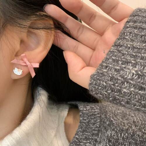 可爱时尚粉色甜美猫咪蝴蝶结耳钉套装女kitty耳骨钉几何爱心耳饰 - 图2